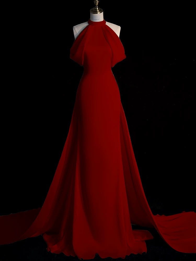 Sexy Sheath Halter Red Satin Long Prom Dress Evening Dress Formal Dress
