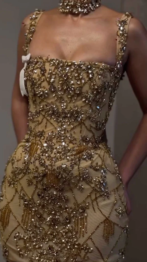 Luxury Sheath Square Neck Gold Short Formal Grade Homecoming Dresses Gold Cocktail Dress