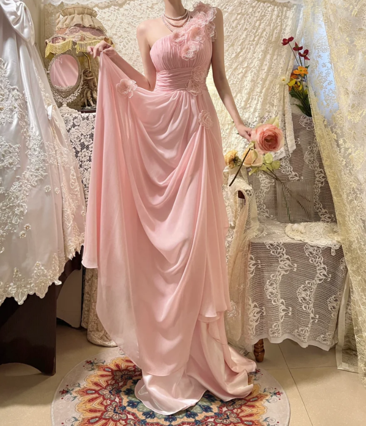 Classy Pink One Shoulder Chiffon Pleated Appliques Long Party Dress Prom Dress Formal Wedding Guest Dress