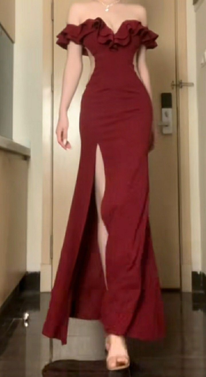 Stylish Burgundy Off The Shoulder Satin Slit Mermaid Evening Dress Long Wedding Guest Dress