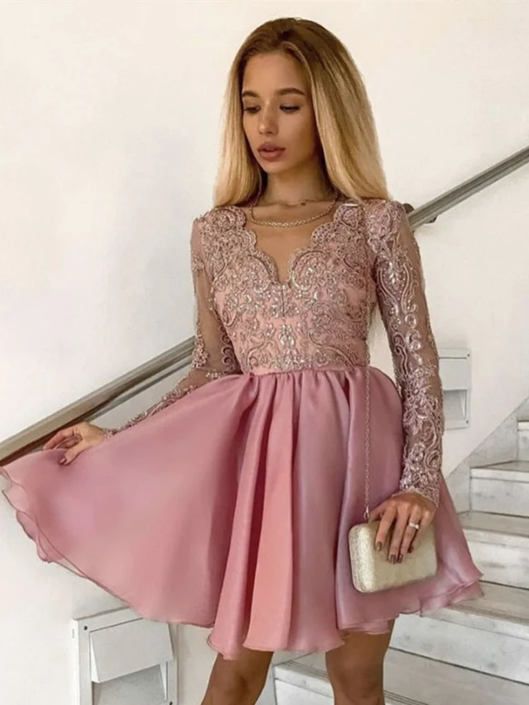 V Neck Short Pink Lace Homecoming Dresses, Short Pink Lace Formal Graduation Dresses