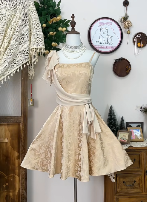 Vintage Satin Print Floral A Line Mini Party Dress Spaghetti Straps Champagne Homecoming Dress