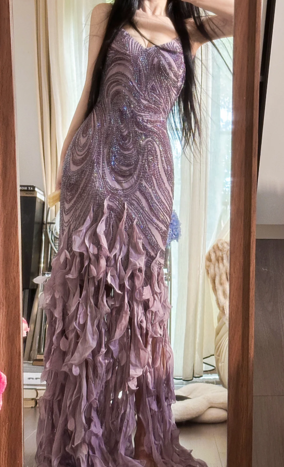 Vintage Purple Spaghetti Straps Chiffon Beaded Ruffles Mermaid Long Party Dress Birthday Prom Dress