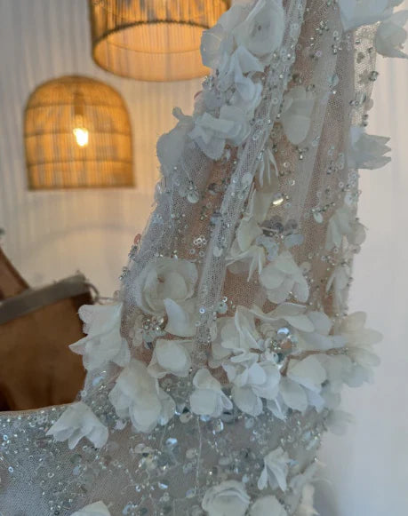 Elegant White Deep V Neck Sequined Floral Feather Fitted Birthday Dress Homecoming Dress
