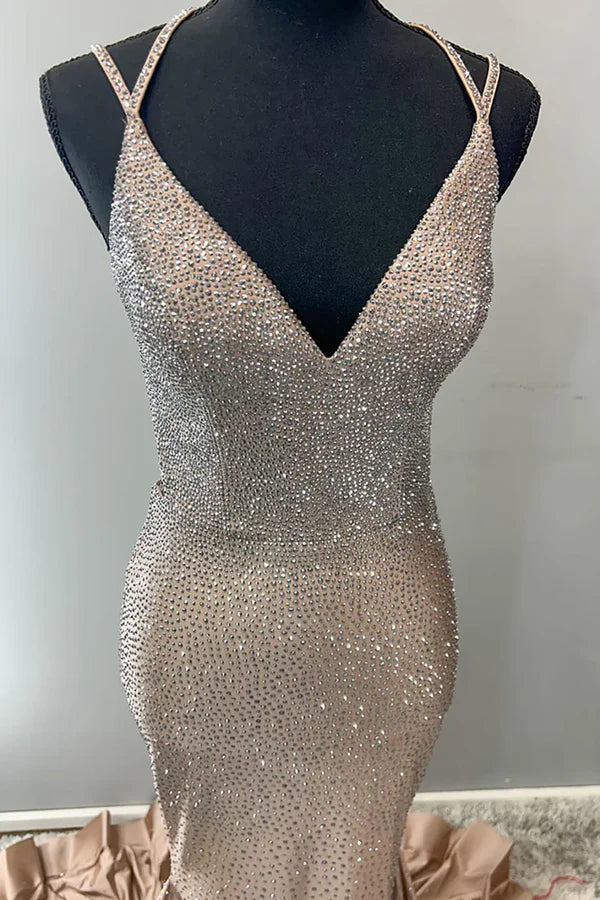 Sparkling Champagne Gold Mermaid V-neck Halter Top With Rhinestone Satin Train Prom Dress Evening Dress