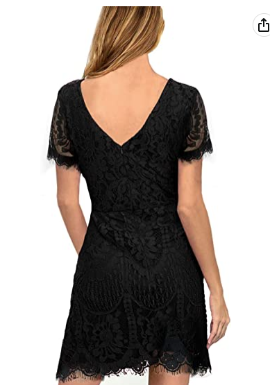 Women's Elegant Round Neck V-Back Wedding Guest Floral Lace Cocktail Party A Line Dress Black Party Dress