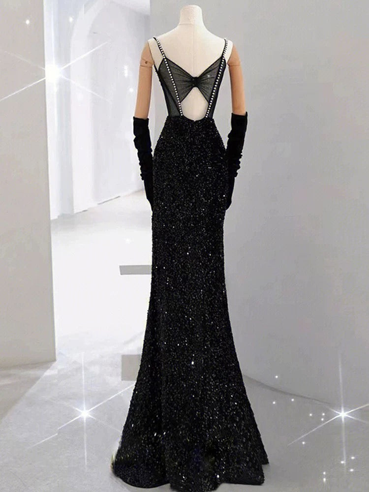 Elegant Mermaid Spaghetti Straps Black Sequin Long Prom Dresses Party Dress With Beads