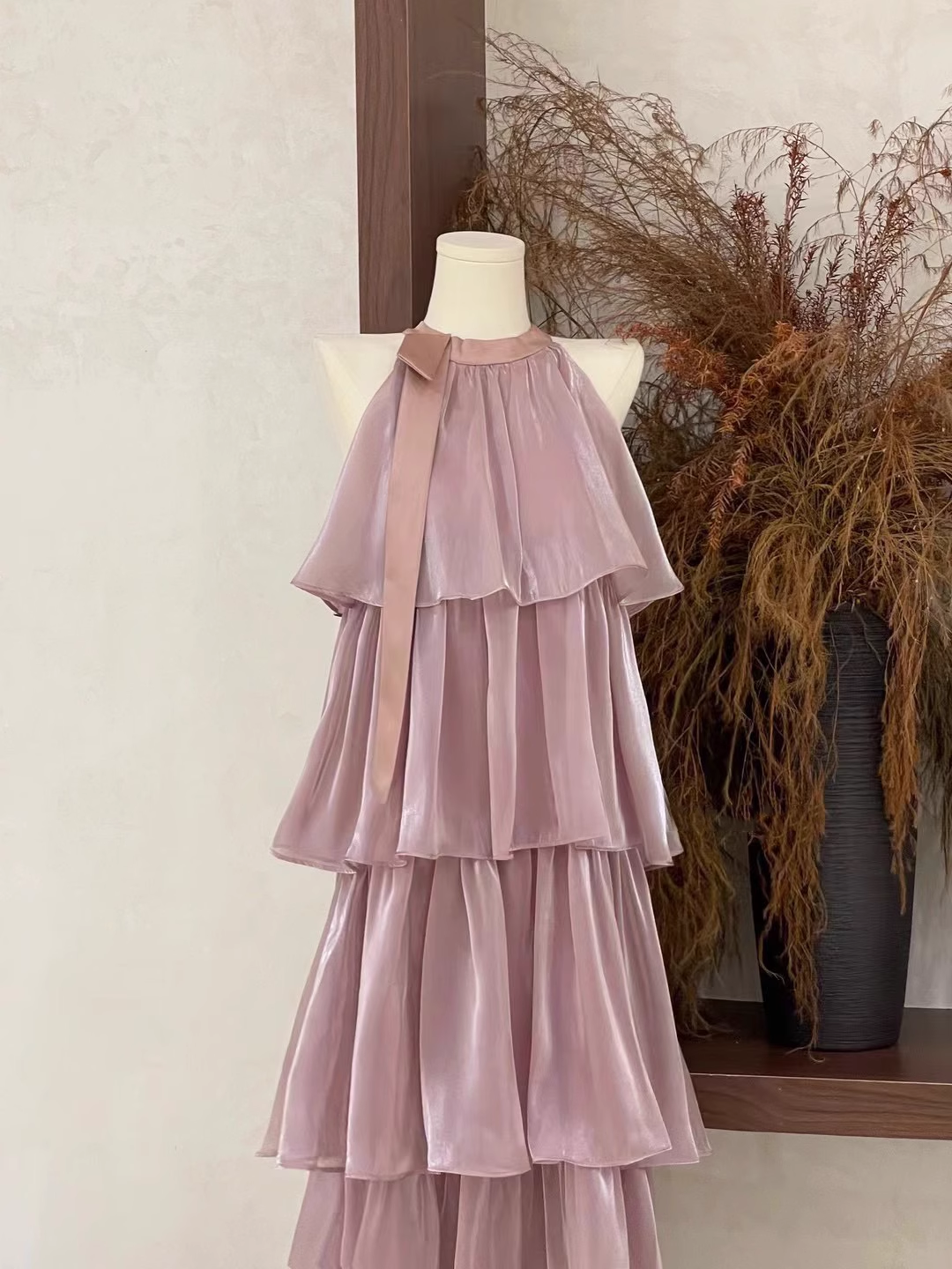 Cute A line Scoop Ruffled Rose Pink Long Women's Vacation Holiday Dresses