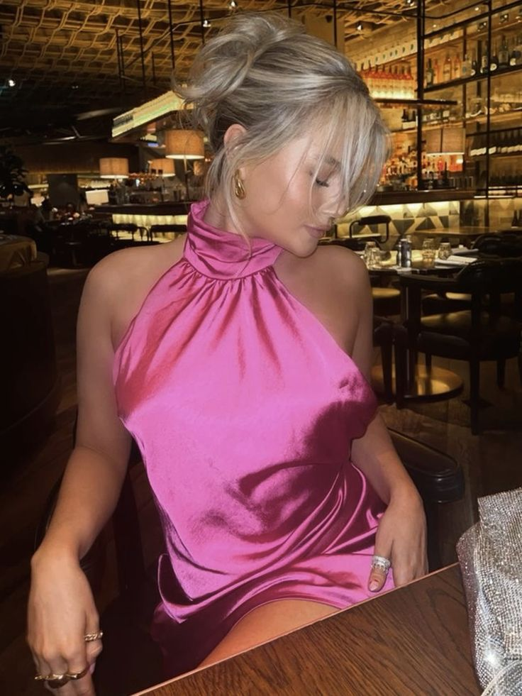 Sexy Halter Hot Pink Satin Sheath Birthday Dress Formal Short Homecoming Dress