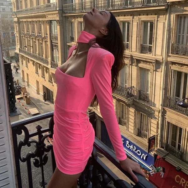 Velvet High Neck Shoulder Pads Mini Dress Party Dress