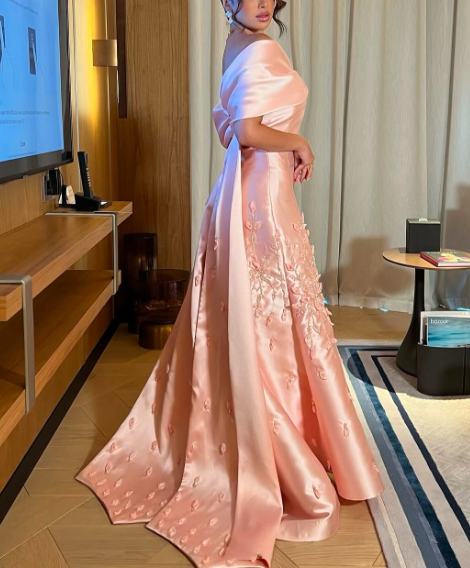 Chic Off The Shoulder Satin Beaded Appliques Pink Long Party Dress Evening Gown