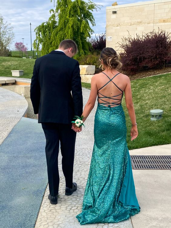 Elegant Mermaid Lace-up Back Prom Dress,Glitter Evening Gown