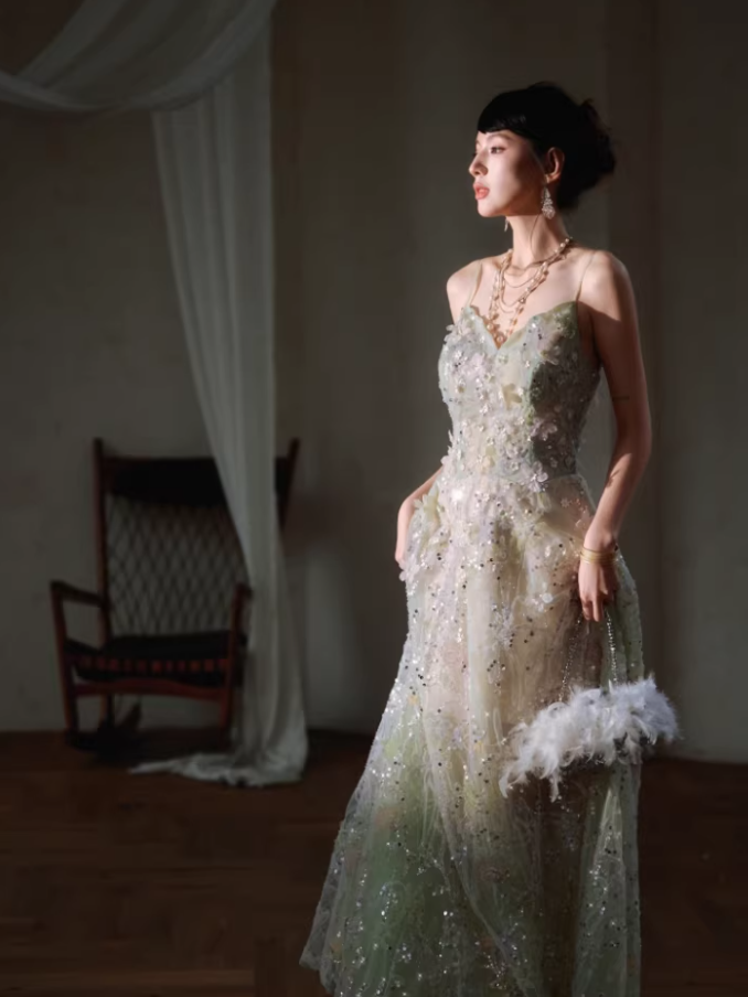 Pretty Spaghetti Straps Green Tulle Appliques A Line Long Birthday Prom Dress Evening Dress