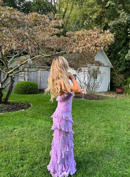 Elegant Purple Chiffon Print Floral Evening Dress,Ruffle Long Party Prom Dress