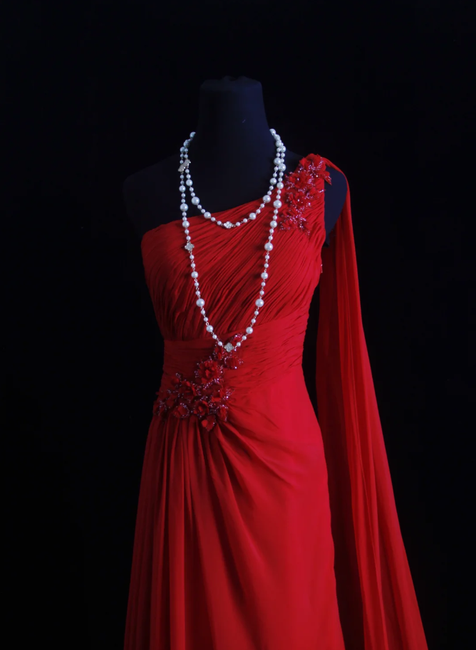 Classy One Shoulder Red Chiffon Beaded Mermaid Long Party Dress Formal Wedding Guest Dress