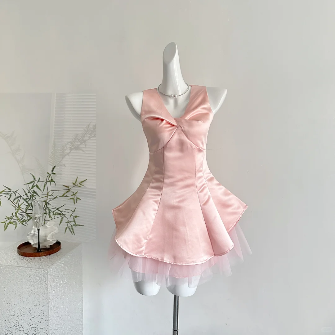 Cute Pink Sleeveless Satin A Line Birthday Outfits Vacation Dress