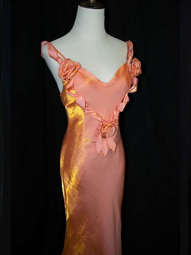 Charming Peach Pink Floral V-Neck Evening Gown Vintage Mermaid Prom Dress