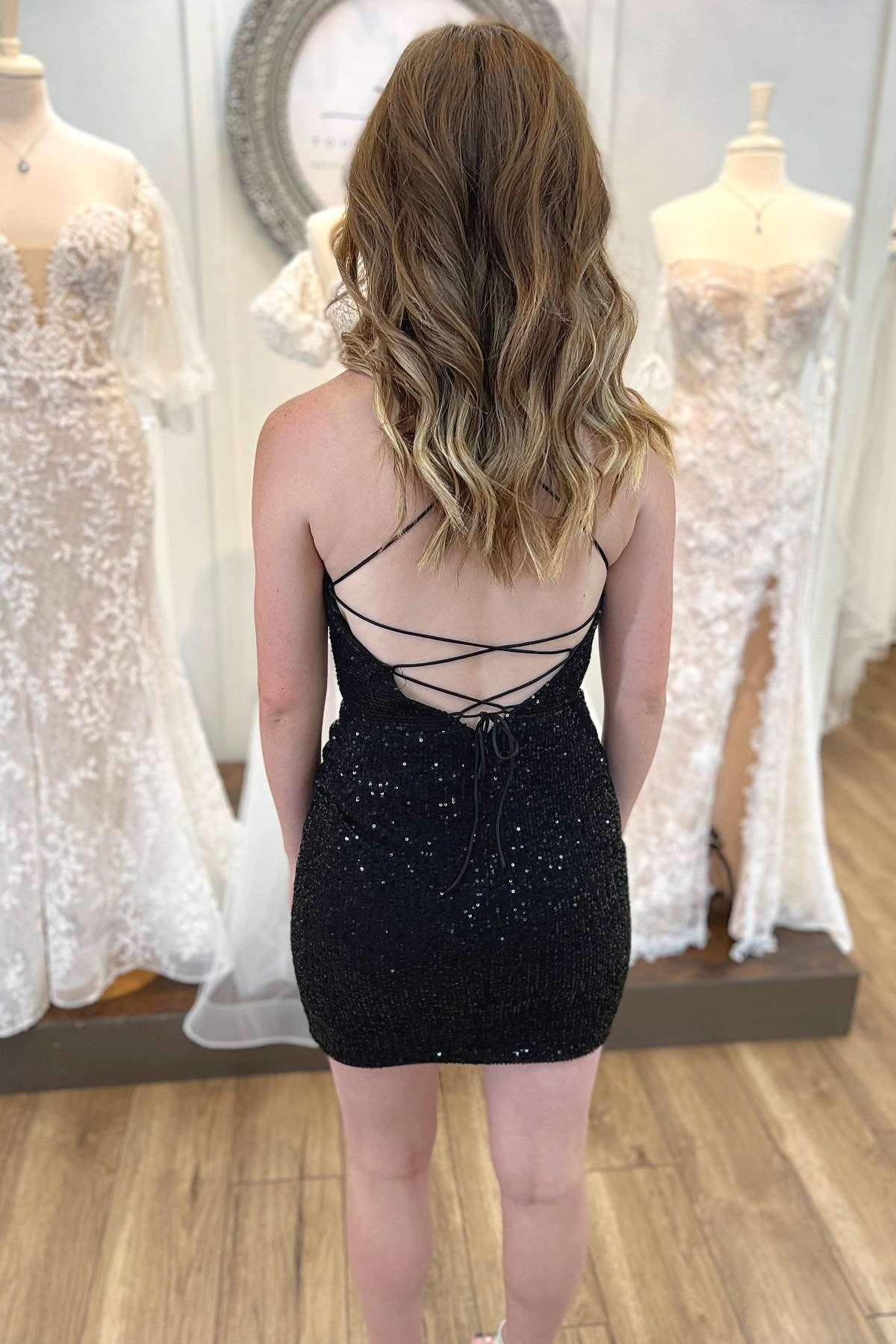Asymmetrical Black Sequin Lace-Up Short Homecoming Dress