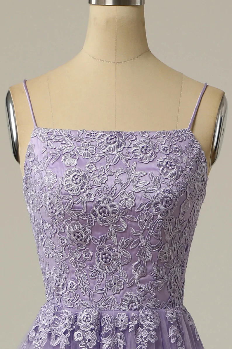 A Line Bateau Appliques Spaghetti-Straps Sleeveless Prom Dresses