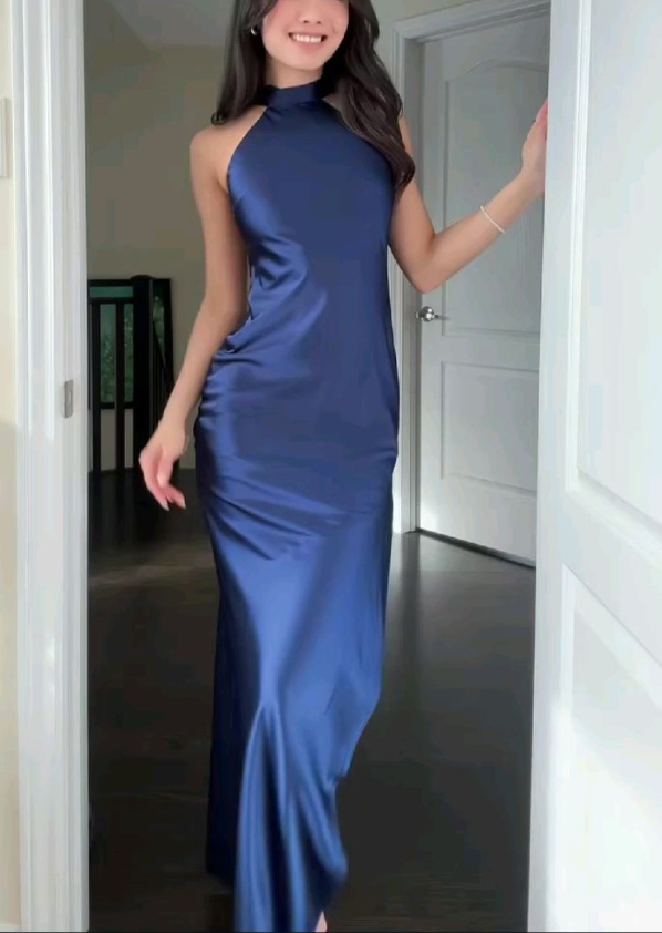 Sexy Navy Blue Halter Backless Satin Mermaid Evening Dress Long Prom Dresses