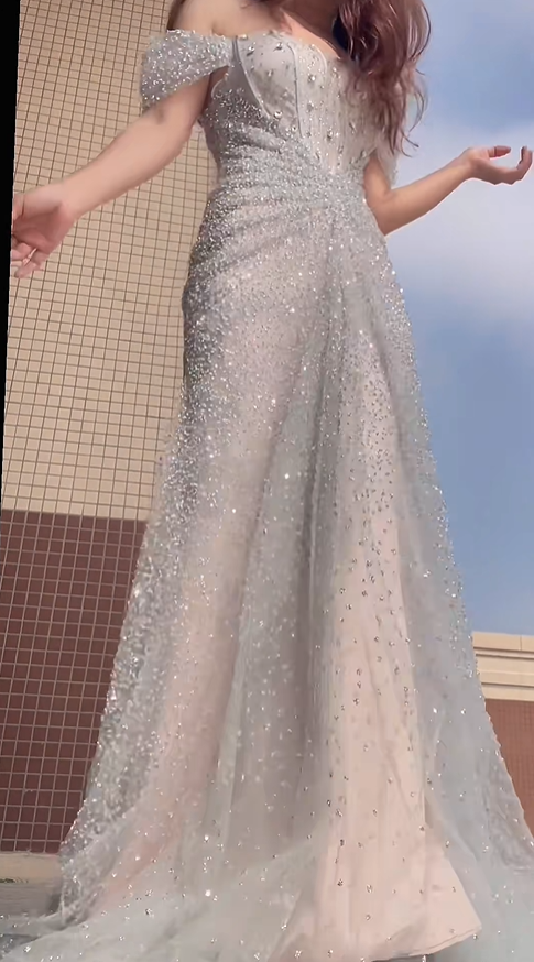 Sparkly Silver Tulle Sequin Beaded Mermaid Long Evening Dress Off The Shoulder Birthday Party Dress