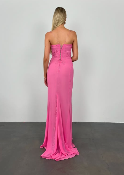 Elegant Pink Chiffon Sheath Long Prom Dress Evening Gown