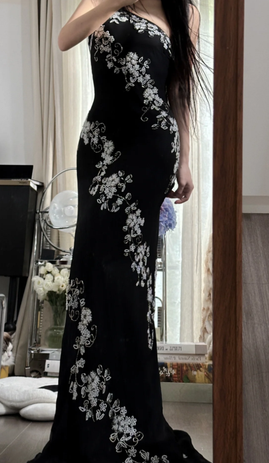 Classy One Shoulder Black Chiffon Beaded Mermaid Long Party Dress Evening Gown
