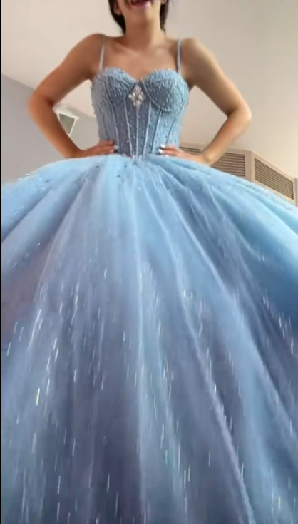 Shiny Spaghetti Straps Blue Tulle Sequin Beaded Formal Quinceanera Dress Sweet 16 Dress