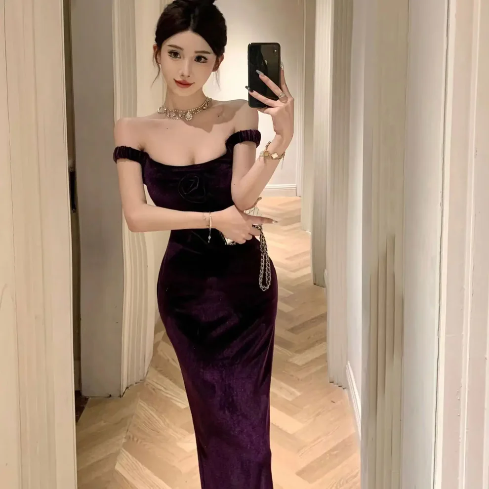 Purple Elegant Off Shoulder Mermaid Evening Dress,Velvet Slit Mermaid Party Prom Dress