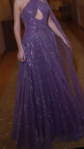 Shiny Purple Tulle Sequin Beaded A Line Long Wedding Guest Dress Formal Birthday Party Dress Evening Dress