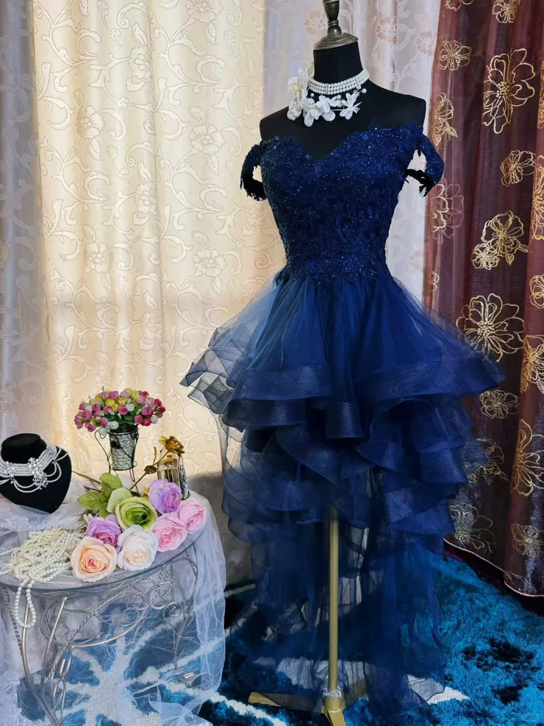 Vintage Navy Blue Tulle Appliques A Line Short Homecoming Dress Off The Shoulder 19th Birthday Outfits