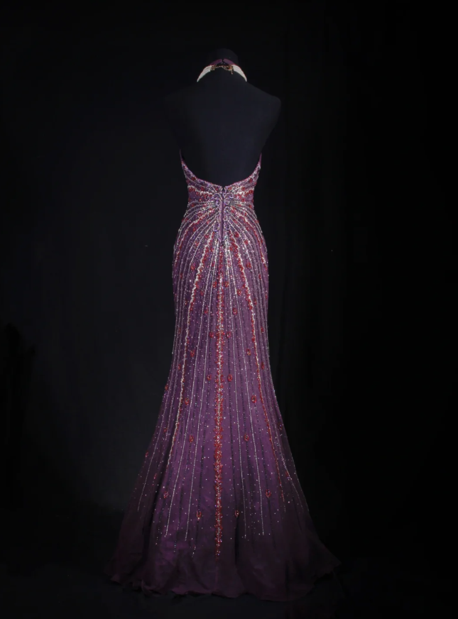 Purple Vintage V Neck Halter Satin Beaded Mermaid Long Party Dress Backless Evening Gown