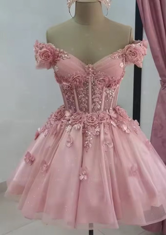 Pretty Off The Shoulder Tulle Appliques Homecoming Dress Pink Short Birthday Dress