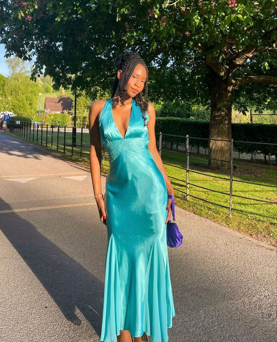 Elegant V Neck Green Halter Satin Beaded Mermaid Party Dress Wedding Guest Dress