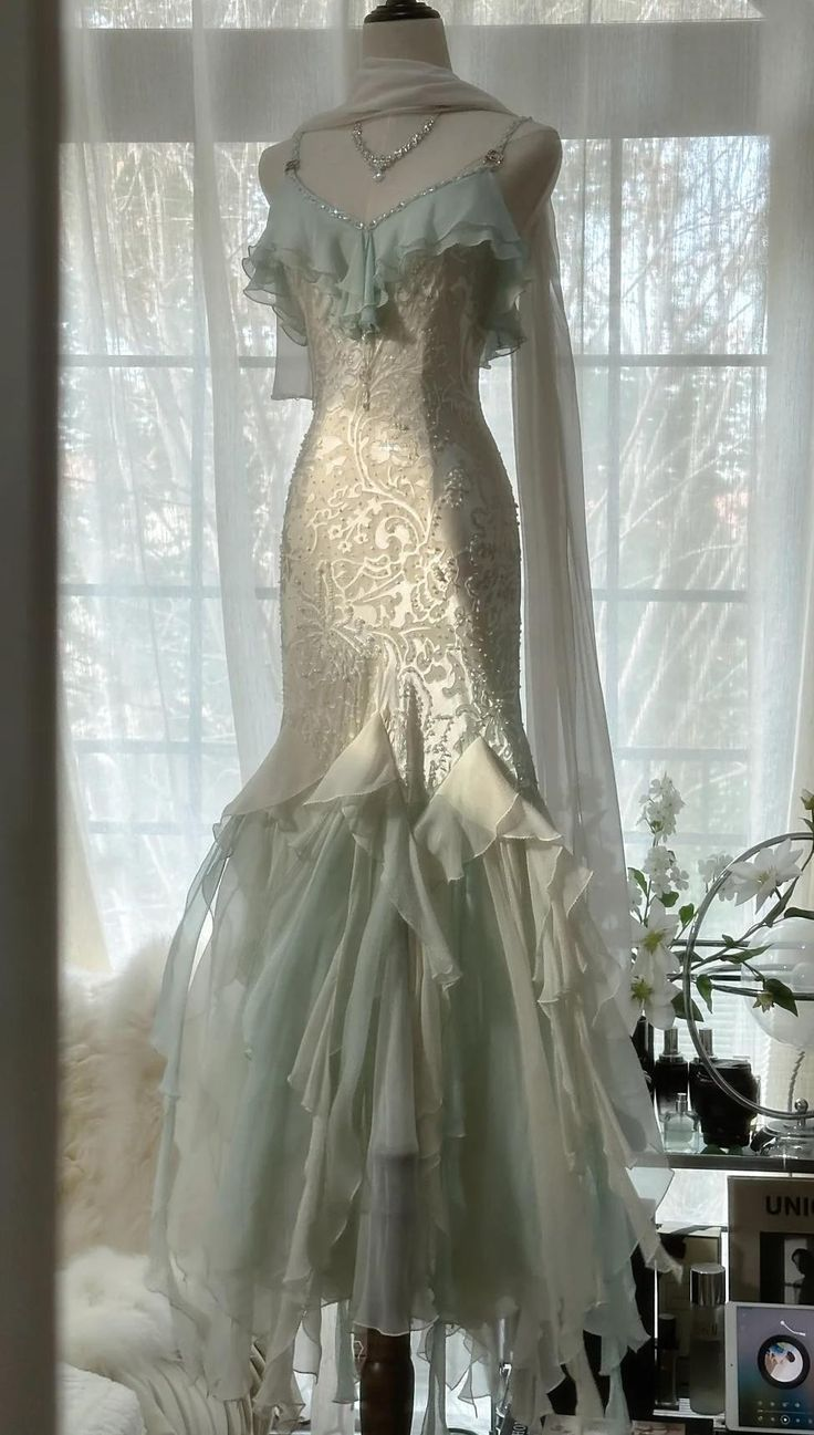 Classy Light Green Chiffon Beaded Mermaid Prom Dress,Spaghetti Straps Party Evening Dress