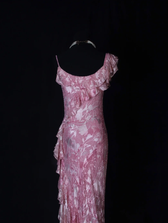 Charming Pink Beaded Chiffon Floral Ruffles Mermaid Long Evening Dress Formal Birthday Dress