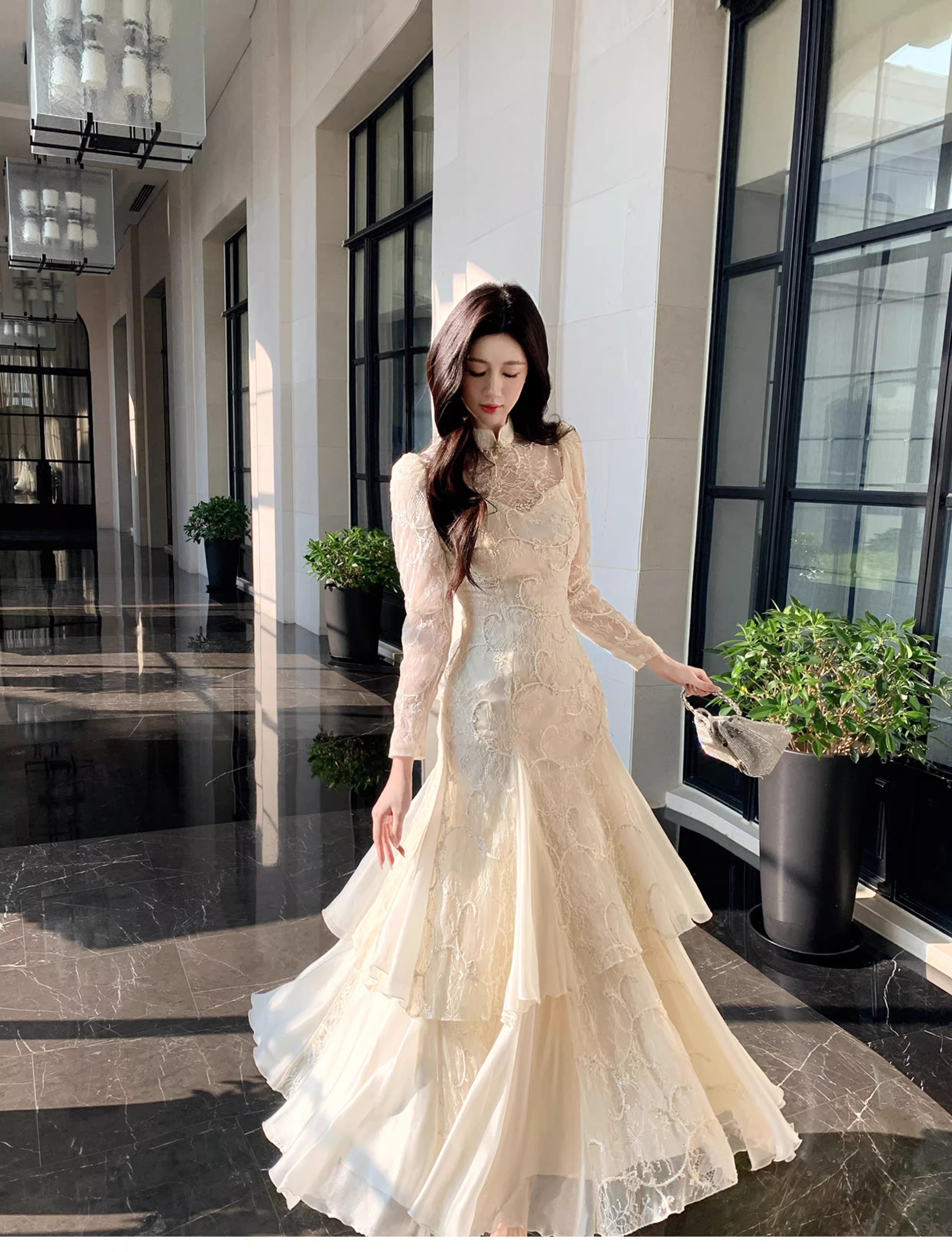 Pretty Beige Tulle Lace Mermaid Long Evening Dress Birthday Prom Dress