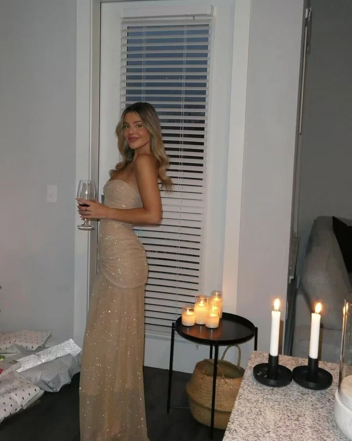 Sparkly Strapless Tulle Sequins Long Prom Dress Sheath Birthday Party Dress