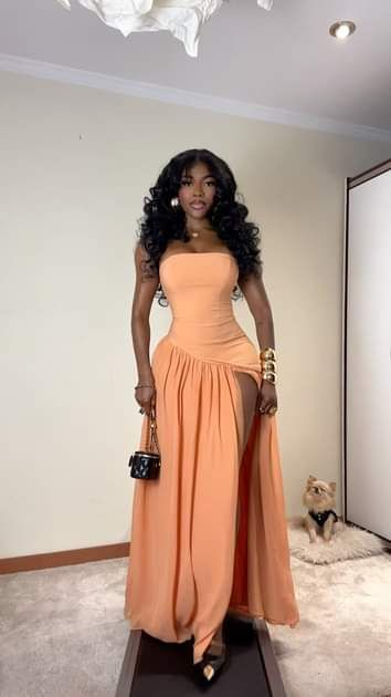 Stylish Strapless Orange Satin Chiffon High Slit Mermaid Prom Dress Long Evening Dress
