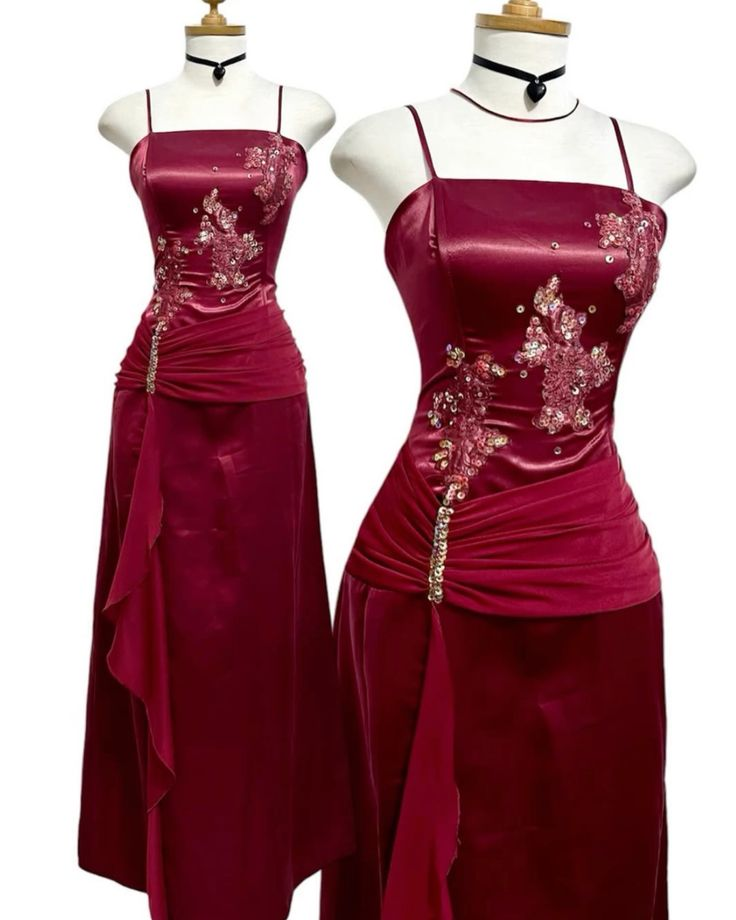 Burgundy Satin Beaded Chiffon Evening Dress Long Party Prom Dress