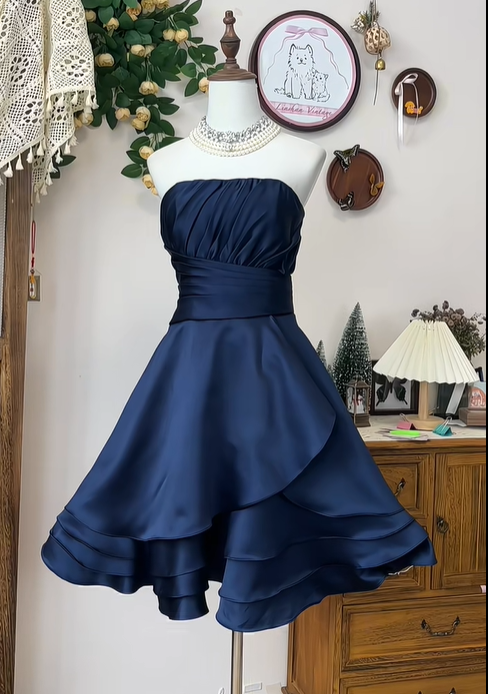 Simple Strapless Navy Blue Satin A Line Homecoming Dress Short Party Dress