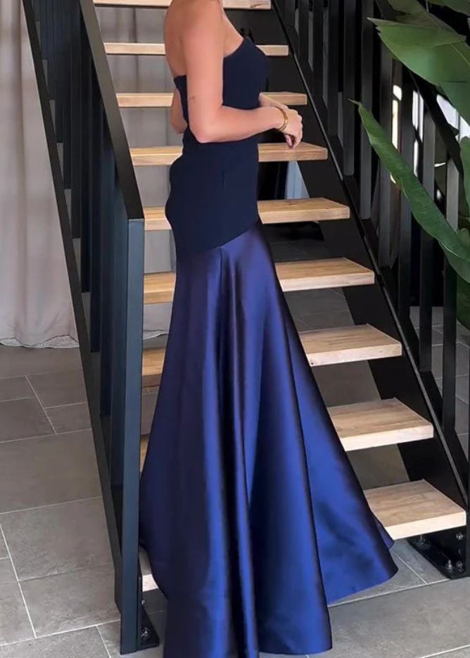 Sexy Strapless Navy Blue Long Prom Dress Formal A Line Evening Dress