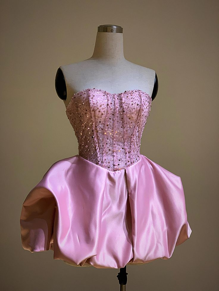 Pretty Strapless Hot Pink Satin Sequin A Line Short Homecoming Dress Formal 20th Birthday Outfits