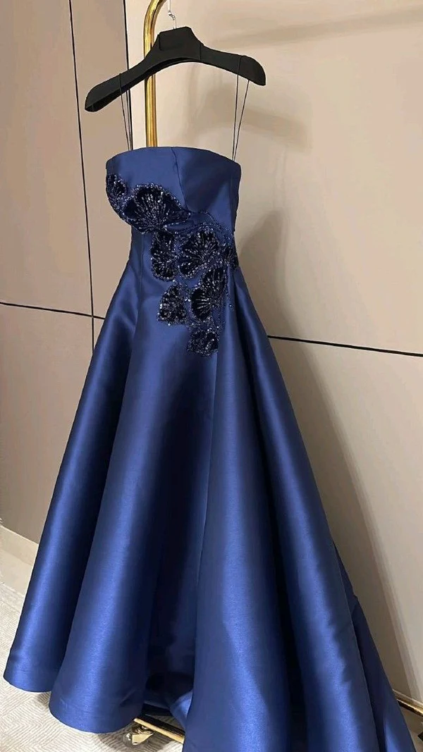 Gorgeous Navy Blue Satin Appliques Beaded Mermaid Long Birthday Party Dress Evening Gown