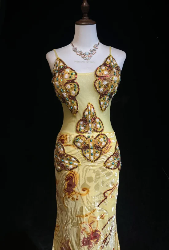 Gorgeous Yellow Spaghetti Straps Satin Beaded Mermaid Party Dress Long Prom Gown