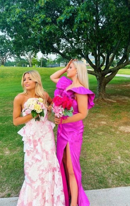 Classy Pink Mermaid Print Floral Evening Dress Prom Dress