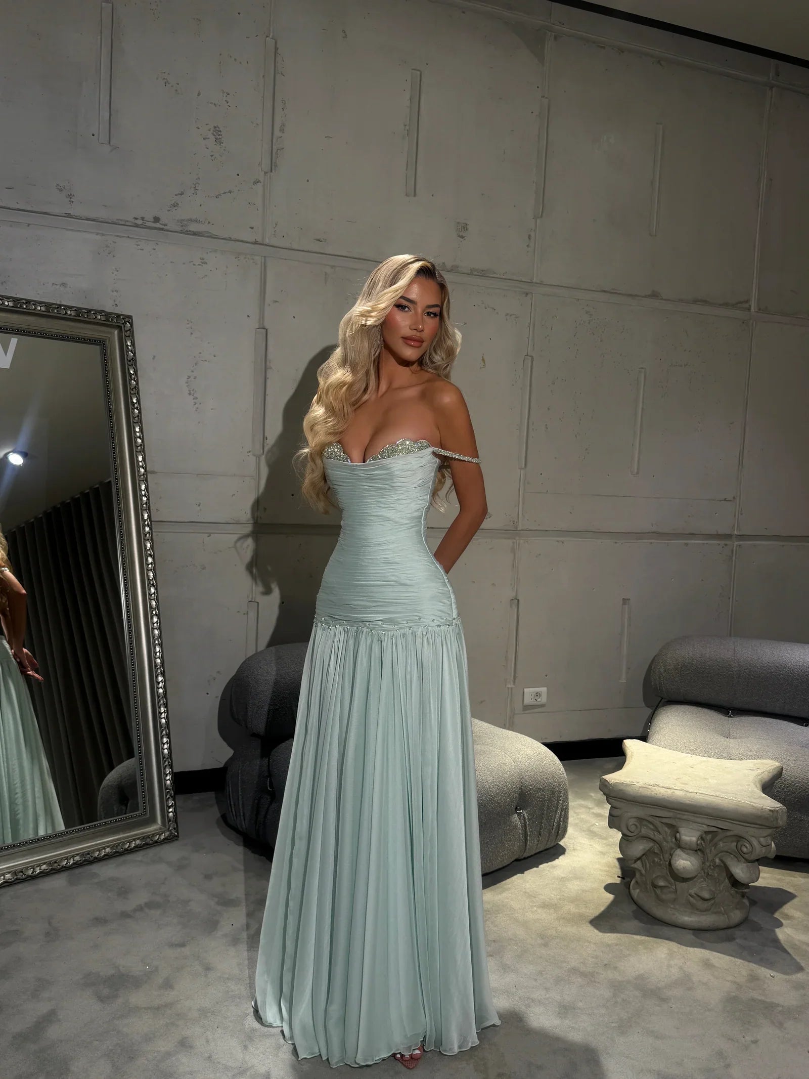 Elegant Mint Green A-line Off-shoulder Chiffon Long Prom Dress Evening Dress Bridesmaid Dress