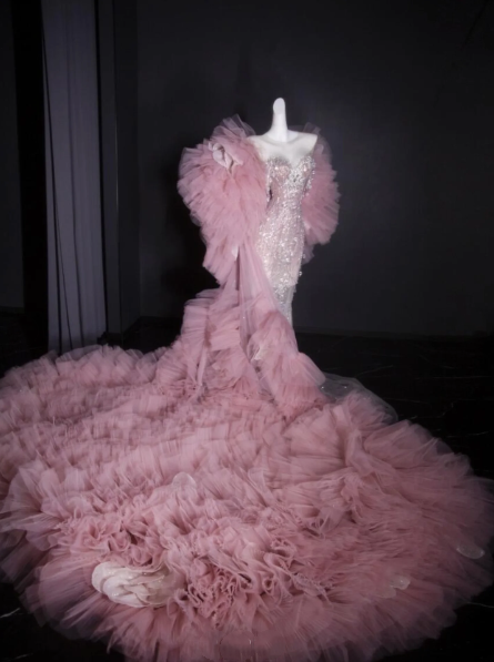 Gorgeous Strapless Pink Sequin Beaded Mermaid Long Evening Dress Party Dress With Cape