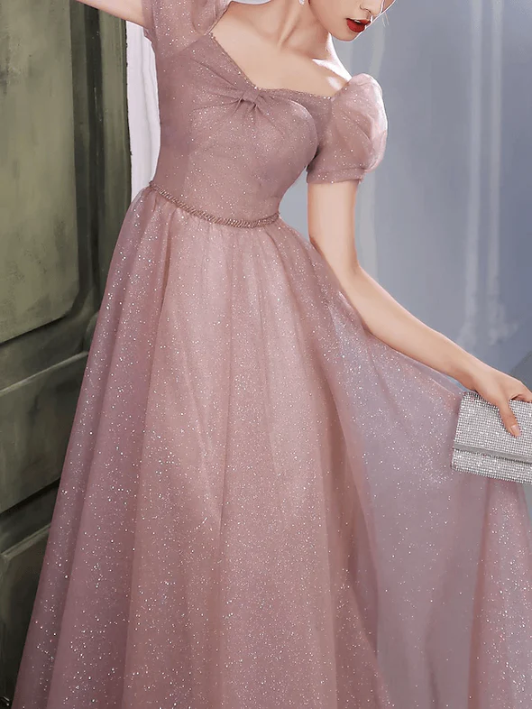 A-Line Beautiful Back Elegant Prom Formal Evening Dress Sweetheart Neckline Short Sleeve Floor Length