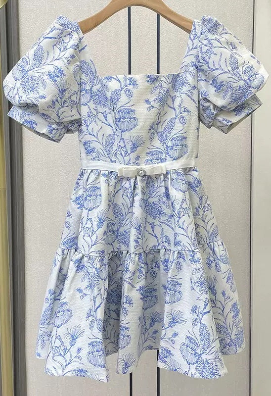 Chic Blue Satin Print Floral A Line Short Prom Dress Homecoming Dress